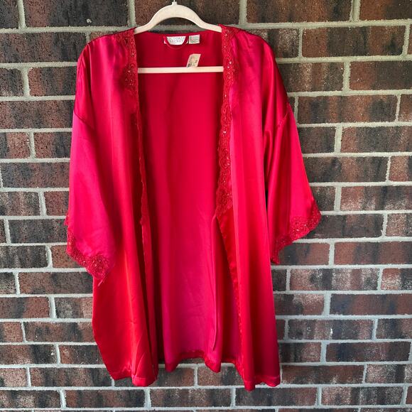 O/S NWT Vintage Victoria's Secret Gold Label Satin Robe Cherry Red Lace Beaded - Picture 2 of 9